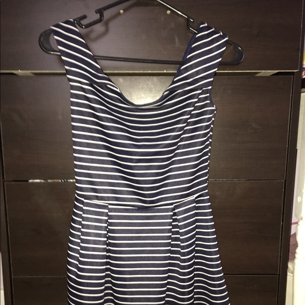 Off the shoulder navy blue & white striped dress
